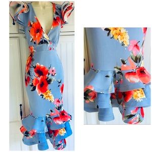 Pin Up Retro Ruffled Floral Trumpet Midi Dress 2